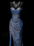 Plataz Mermaid Spaghetti Straps Navy Blue Sequin Long Evening Gowns Prom Dress SD2765 HZ0628