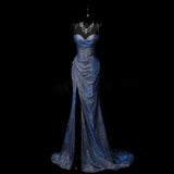 Plataz Mermaid Spaghetti Straps Navy Blue Sequin Long Evening Gowns Prom Dress SD2765 HZ0628