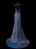 Plataz Mermaid Spaghetti Straps Navy Blue Sequin Long Evening Gowns Prom Dress SD2765 HZ0628