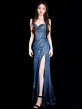Plataz Mermaid Spaghetti Straps Navy Blue Sequin Long Evening Gowns Prom Dress SD2765 HZ0628