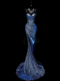Plataz Mermaid Spaghetti Straps Navy Blue Sequin Long Evening Gowns Prom Dress SD2765 HZ0628