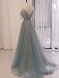 Plataz A Line Off The Shoulder Blue Tulle Long Length Evening Dress Prom Dresses SD2790 HZ0628
