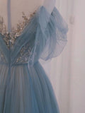 Plataz A Line Off The Shoulder Blue Tulle Long Length Evening Dress Prom Dresses SD2790 HZ0628