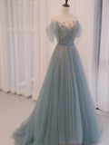 Plataz A Line Off The Shoulder Blue Tulle Long Length Evening Dress Prom Dresses SD2790 HZ0628