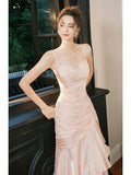 Plataz Mermaid Spaghetti Straps Long Length Blush Pink Evening Dress Prom Dresses HZ0628