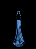 Plataz Mermaid Halter Neck Blue Satin Backless Prom Gown Fairy Prom Dresses SD2905 HZ0628