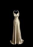 Plataz A line Halter Neckline Champagne Satin Prom Dress Ruffle Long Party Dress HZ0628