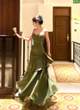 Plataz Green Mermaid Straps Long Satin Party Dress, Green Satin Evening Dress Prom Dress SD2952 HZ0628
