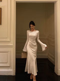 Plataz Mermaid Boat Neckline Long Sleeves Silk Satin Prom Dresses Birthday Dress SD300 HZ0628