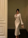 Plataz Mermaid Boat Neckline Long Sleeves Silk Satin Prom Dresses Birthday Dress SD300 HZ0628