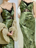 Plataz Sheath Spaghetti Straps Green Lace Ankle Length Prom Dresses Birthday Outfits SD479 HZ0628
