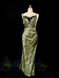 Plataz Sheath Spaghetti Straps Green Lace Ankle Length Prom Dresses Birthday Outfits SD479 HZ0628