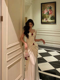 Plataz Mermaid Straps White Long Satin Prom Dresses Birthday Outfits SD594 HZ0628