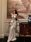 Plataz Mermaid Straps White Long Satin Prom Dresses Birthday Outfits SD594 HZ0628