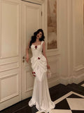 Plataz Mermaid Straps White Long Satin Prom Dresses Birthday Outfits SD594 HZ0628