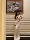 Plataz Mermaid Straps White Long Satin Prom Dresses Birthday Outfits SD594 HZ0628