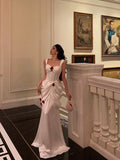 Plataz Mermaid Straps White Long Satin Prom Dresses Birthday Outfits SD594 HZ0628