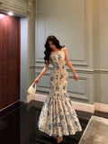 Plataz Sheath Boat Sleeveless Blue Floral Ruffle Long Prom Dresses Birthday Outfits SD616 HZ0628