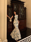 Plataz Sheath Boat Sleeveless Blue Floral Ruffle Long Prom Dresses Birthday Outfits SD616 HZ0628