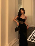 Plataz Sheath Spaghetti Straps Sleeveless Black Velvet Prom Dresses Birthday Outfits SD654 HZ0628