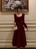 Plataz A line Square Neckline Long Sleeves Red Velvet Date Night Dress Prom Dresses Birthday Party Outfit HZ0628