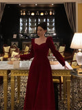 Plataz A line Square Neckline Long Sleeves Red Velvet Date Night Dress Prom Dresses Birthday Party Outfit HZ0628