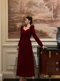 Plataz A line Square Neckline Long Sleeves Red Velvet Date Night Dress Prom Dresses Birthday Party Outfit SD872 HZ0628