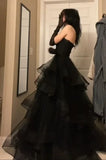 Elegant Black Strapless Prom Dress Sweetheart Tulle Evening Gown A-Line Tiered Party Dress Long Formal Dress HZ1024