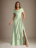 Plataz Scoop Floor-Length Stretch Satin Mother of the Bride Dress With Cascading HZ1007