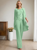 Plataz Jumpsuit/Pantsuit Scoop Floor-Length Chiffon Lace Mother of the Bride Dress With Beading HZ1007