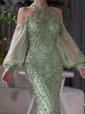 Plataz Elegant Sage Green Halter Neck Beaded Luxury Mermaid Evening Dress for Formal Occasion Saudi HZ1007