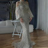 Plataz Elegant Sage Green Halter Neck Beaded Luxury Mermaid Evening Dress for Formal Occasion Saudi HZ1007