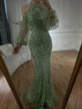 Plataz Elegant Sage Green Halter Neck Beaded Luxury Mermaid Evening Dress for Formal Occasion Saudi HZ1007