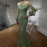 Plataz Elegant Sage Green Halter Neck Beaded Luxury Mermaid Evening Dress for Formal Occasion Saudi HZ1007