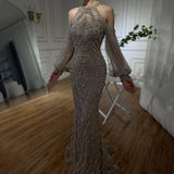 Plataz Elegant Sage Green Halter Neck Beaded Luxury Mermaid Evening Dress for Formal Occasion Saudi HZ1007