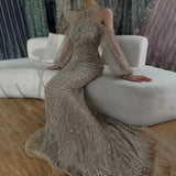 Plataz Elegant Sage Green Halter Neck Beaded Luxury Mermaid Evening Dress for Formal Occasion Saudi HZ1007