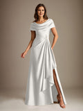 Plataz Scoop Floor-Length Stretch Satin Mother of the Bride Dress With Cascading HZ1007