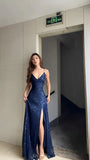 Vintage Navy Blue Glittering Sequin Evening Gown Sheath Spaghetti Strap V-neck Party Dress High Slit Long Formal Dress HZ1024