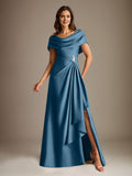 Plataz Scoop Floor-Length Stretch Satin Mother of the Bride Dress With Cascading HZ1007