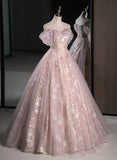 Pink Sweetheart Floral Lace and Tulle Prom Dress, Pink Sweetheart Long Party Dress HZ1024