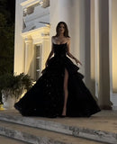Gorgeous Shiny Sequin Black A-Line Strapless High-slit Floor-length Prom Dresses Evening Dress HZ1024