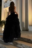 Gorgeous Shiny Sequin Black A-Line Strapless High-slit Floor-length Prom Dresses Evening Dress HZ1024