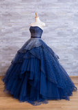 A-Line Elegant Navy Strapless Floor-length Formal Prom Dress Evening Gown HZ1024