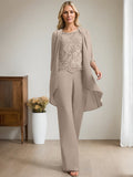 Plataz Jumpsuit/Pantsuit Scoop Floor-Length Chiffon Lace Mother of the Bride Dress With Beading HZ1007
