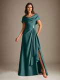 Plataz Scoop Floor-Length Stretch Satin Mother of the Bride Dress With Cascading HZ1007
