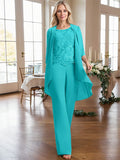 Plataz Jumpsuit/Pantsuit Scoop Floor-Length Chiffon Lace Mother of the Bride Dress With Beading HZ1007