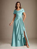 Plataz Scoop Floor-Length Stretch Satin Mother of the Bride Dress With Cascading HZ1007
