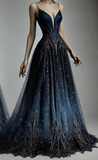 Plataz Navy Blue Sequins Appliques Evening Dress Formal Prom Dress HZ1007