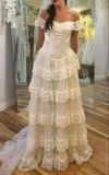 Plataz Off The Shoulder White Lace Layered Wedding Dress, Ruffle Long Bridal Dress Prom Dress HZ1007
