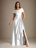 Plataz Scoop Floor-Length Stretch Satin Mother of the Bride Dress With Cascading HZ1007